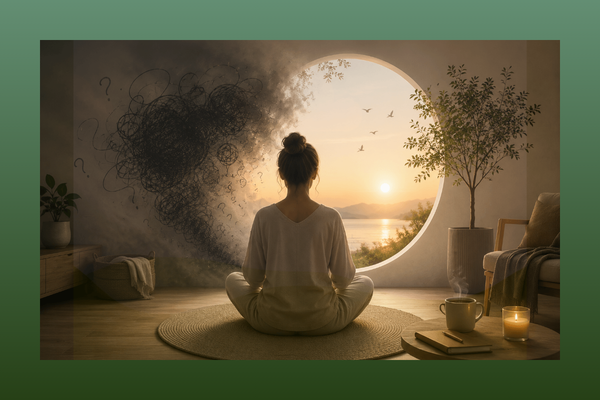 Mulher meditando supera o excesso de pensamentos negativos ao nascer do sol