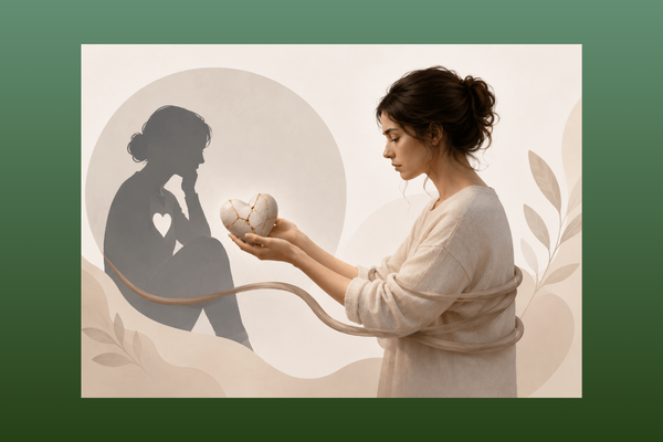 Mulher segurando um coração de cerâmica restaurado em kintsugi, com os braços envoltos por um cordão ligado à sombra de uma pessoa encolhida, representando quando ajudar vira vício emocional. A imagem ilustra visualmente o tema quando ajudar vira vício. O coração de cerâmica reconstruído (técnica kintsugi, que destaca as rachaduras com ouro) representa o desejo de