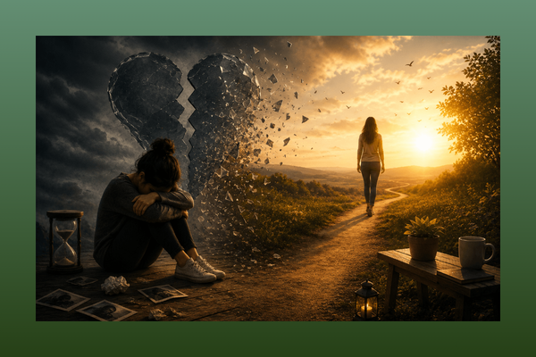 Superar o fim de um relacionamento: mulher abraça os joelhos diante de coração partido que se desfaz, enquanto outra caminha rumo ao pôr do sol em um novo caminho