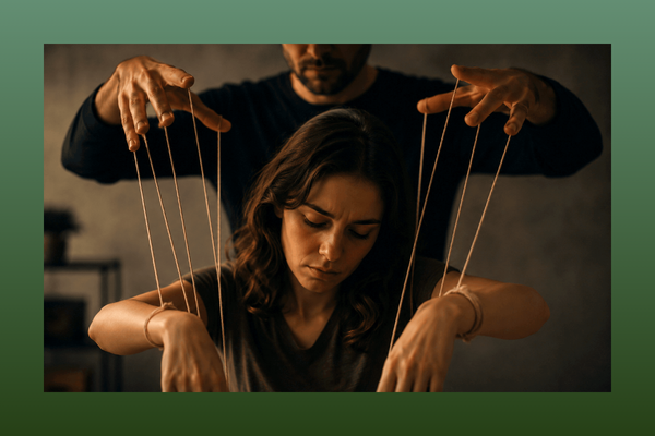 Mulher controlada como marionete por cordas, representando o gaslighting numa relação abusiva