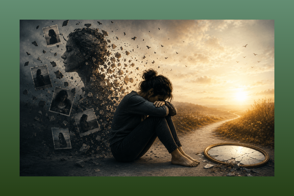 Mulher sentada de cabeça baixa enquanto sua silhueta se desfaz em fragmentos e fotos antigas, representando quem perdeu a si mesmo diante de um caminho ao pôr do sol