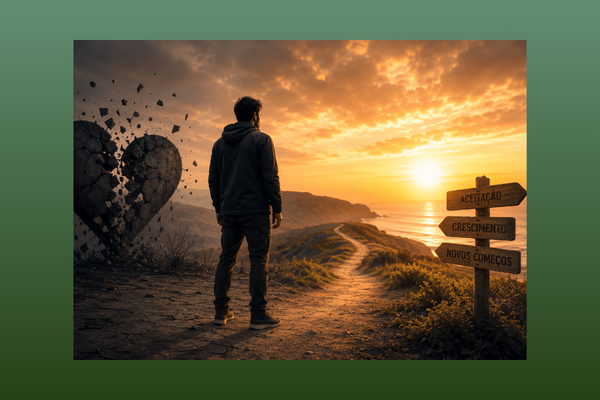 Homem de costas observando o pôr do sol em uma trilha à beira-mar, ao lado de um coração de pedra se partindo e uma placa de madeira apontando para aceitação, crescimento e novos começos. A imagem traduz visualmente a jornada emocional de seguir em frente depois do término. O coração se partindo representa a dor da separação e o vínculo que se rompe; o homem em silêncio, de costas, simboliza o momento de elaboração e introspecção; a trilha iluminada pelo pôr do sol e a placa com 